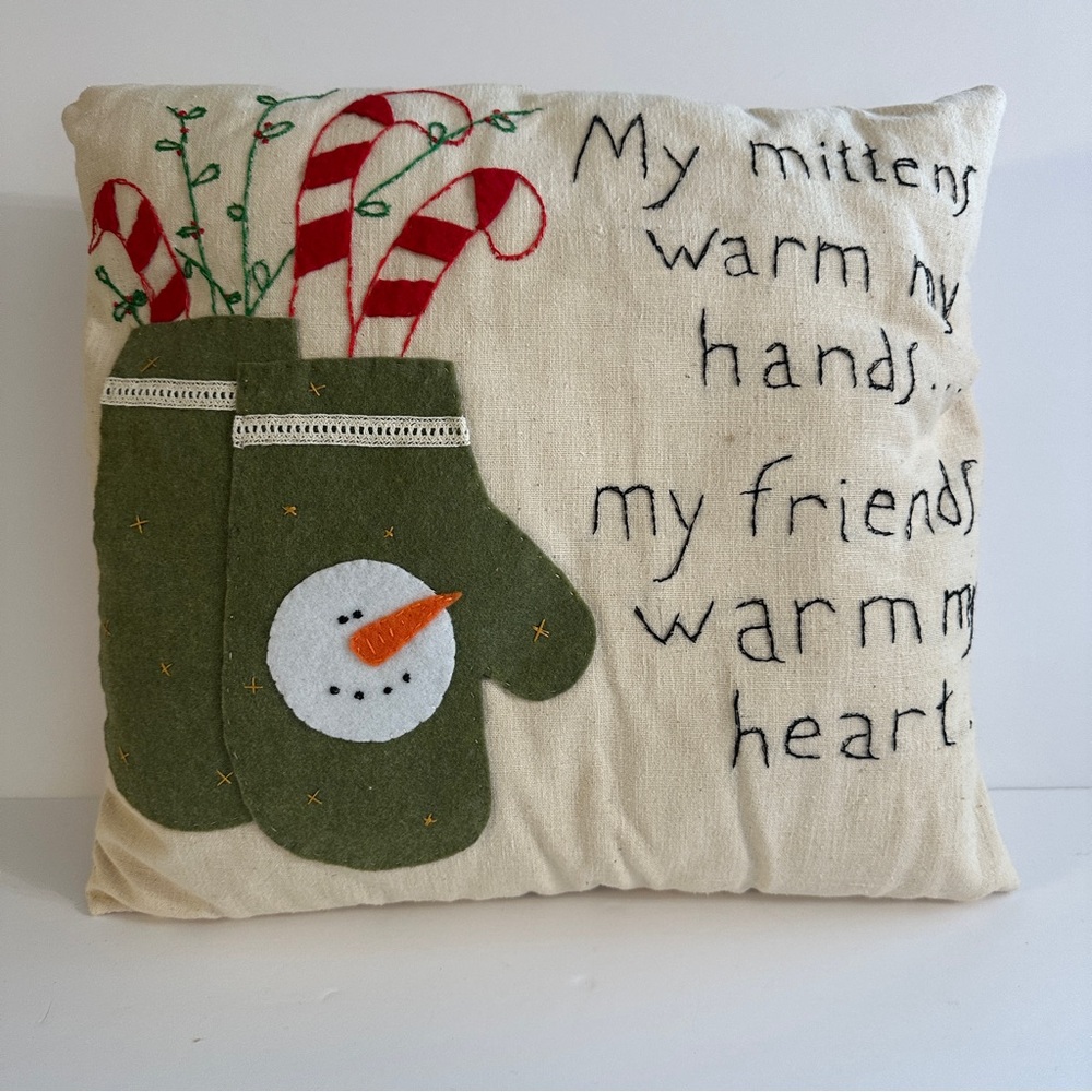 Handmade Embroidery Christmas Mitten Pillow Snowman Appliqué Farmhouse Decor